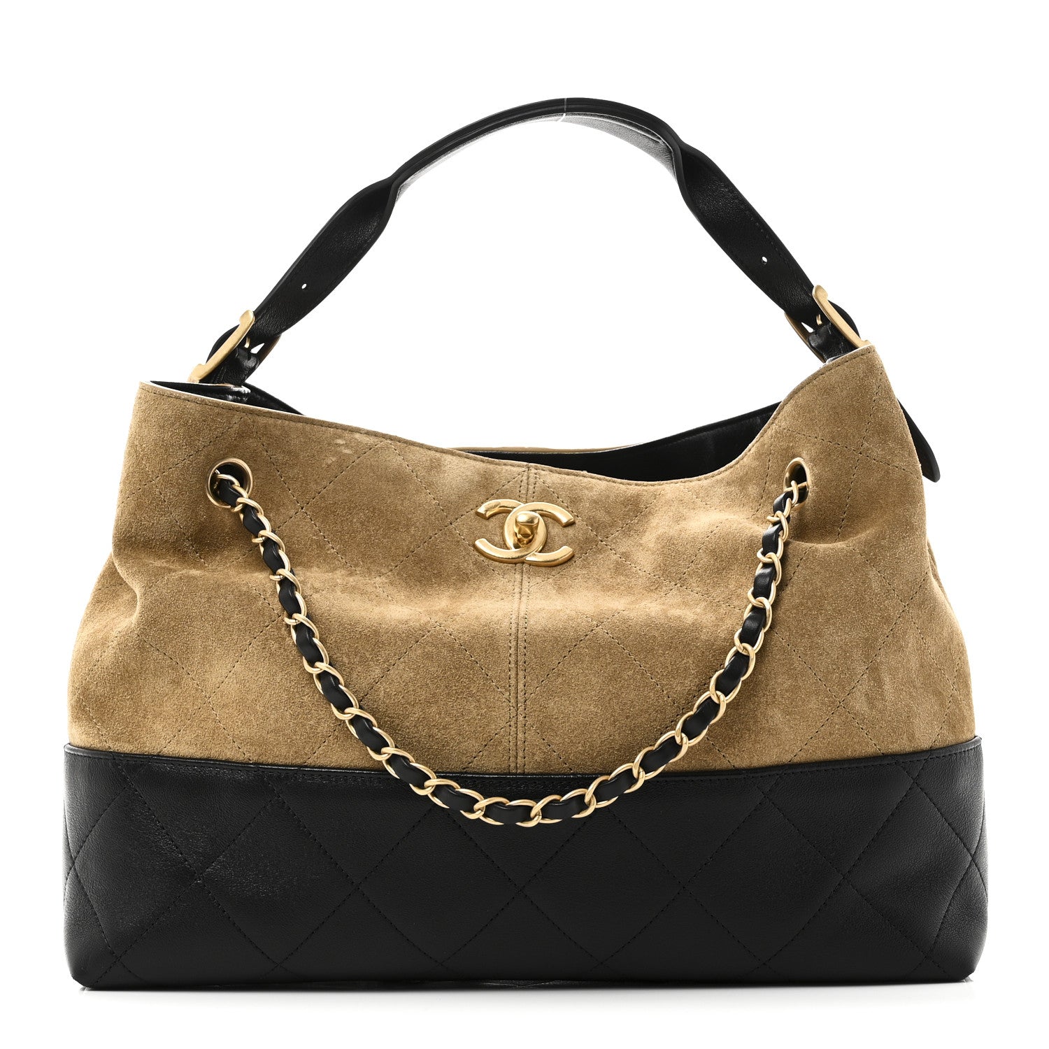 Suede Calfskin Shiny Lambskin Quilted Small Coco Base Shopping Bag Beige Black
