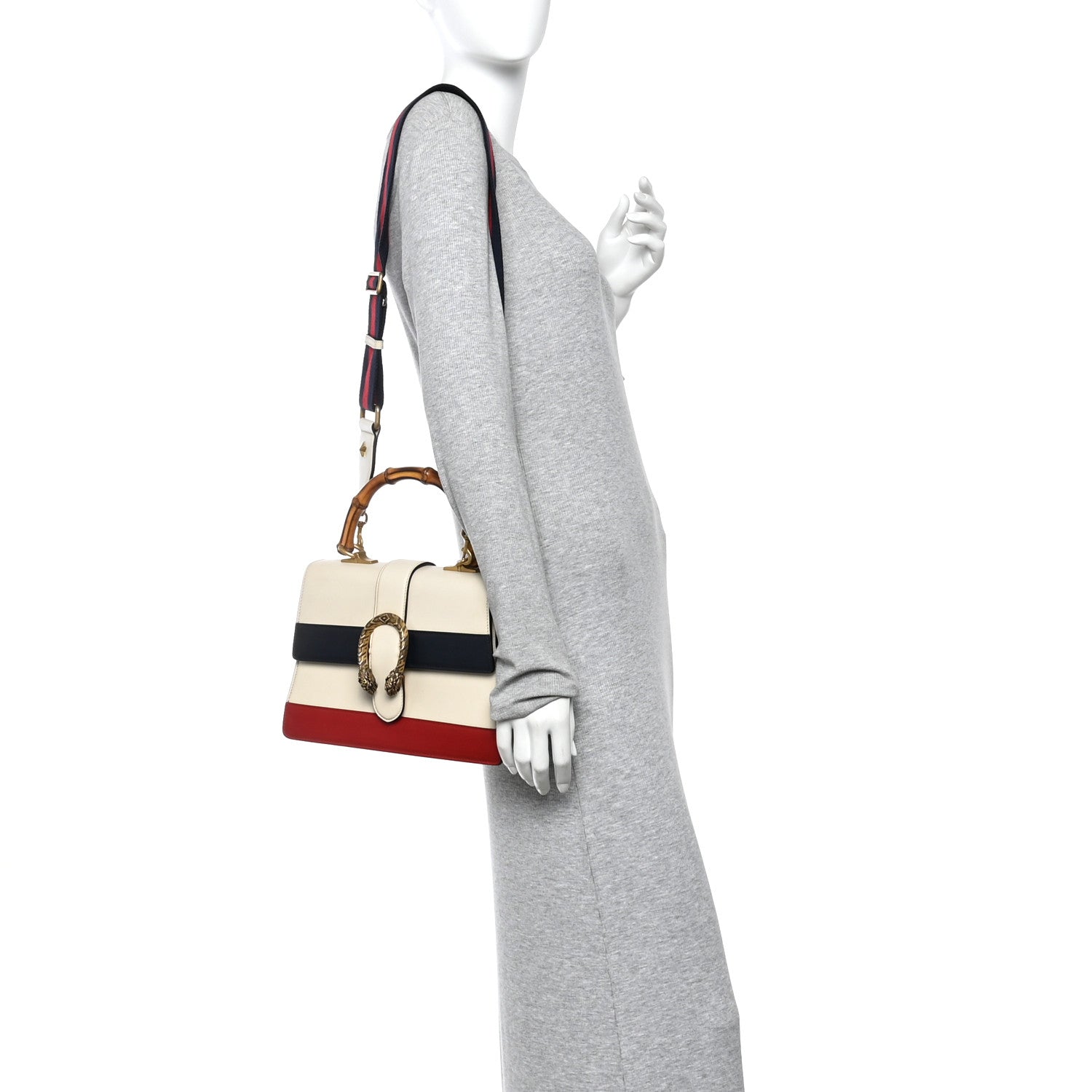 Calfskin Bamboo Web Medium Dionysus Top Handle Bag White Blue Hibiscus Red