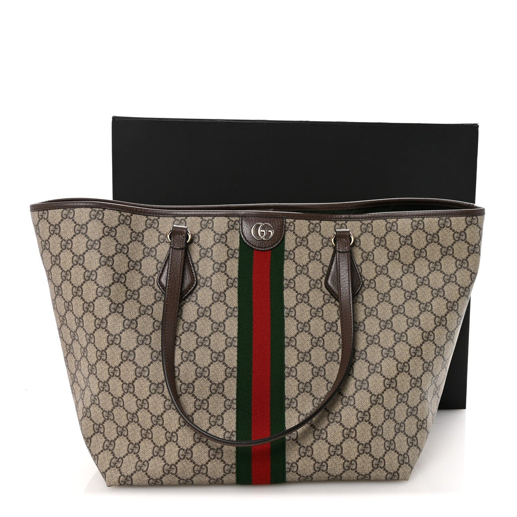 GG Supreme Monogram Calfskin Web Large Ophidia Tote Beige Dark Brown