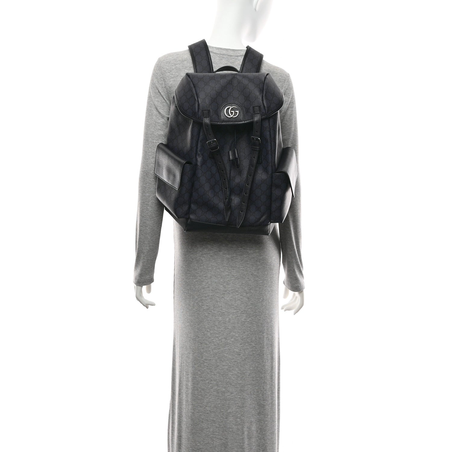 GG Supreme Monogram Textured Dollar Calfskin Medium Ophidia Double Buckle Backpack Blue Dark Blue Black