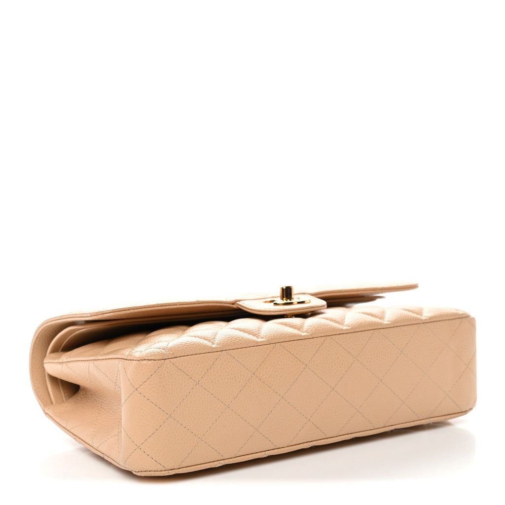 Caviar Quilted Medium Double Flap Beige
