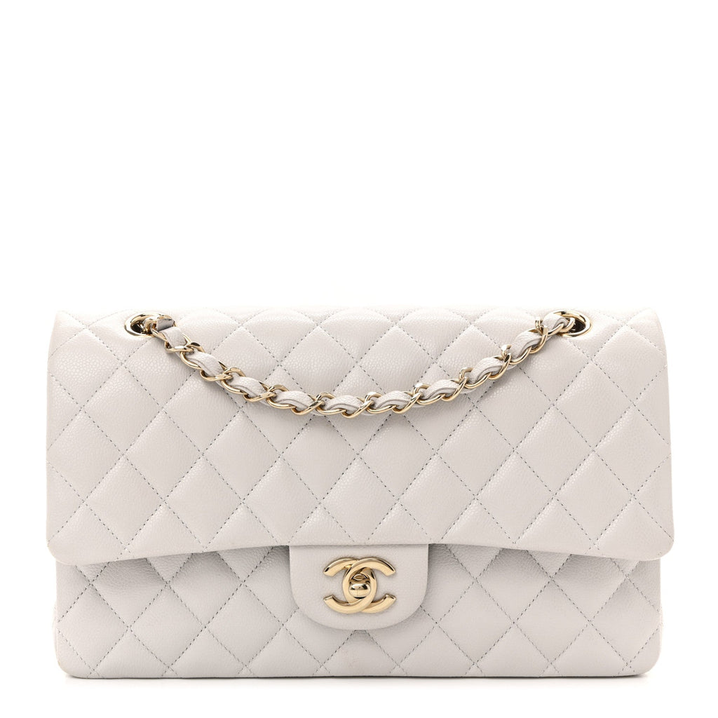 Caviar Quilted Medium Double Flap Light Grey
