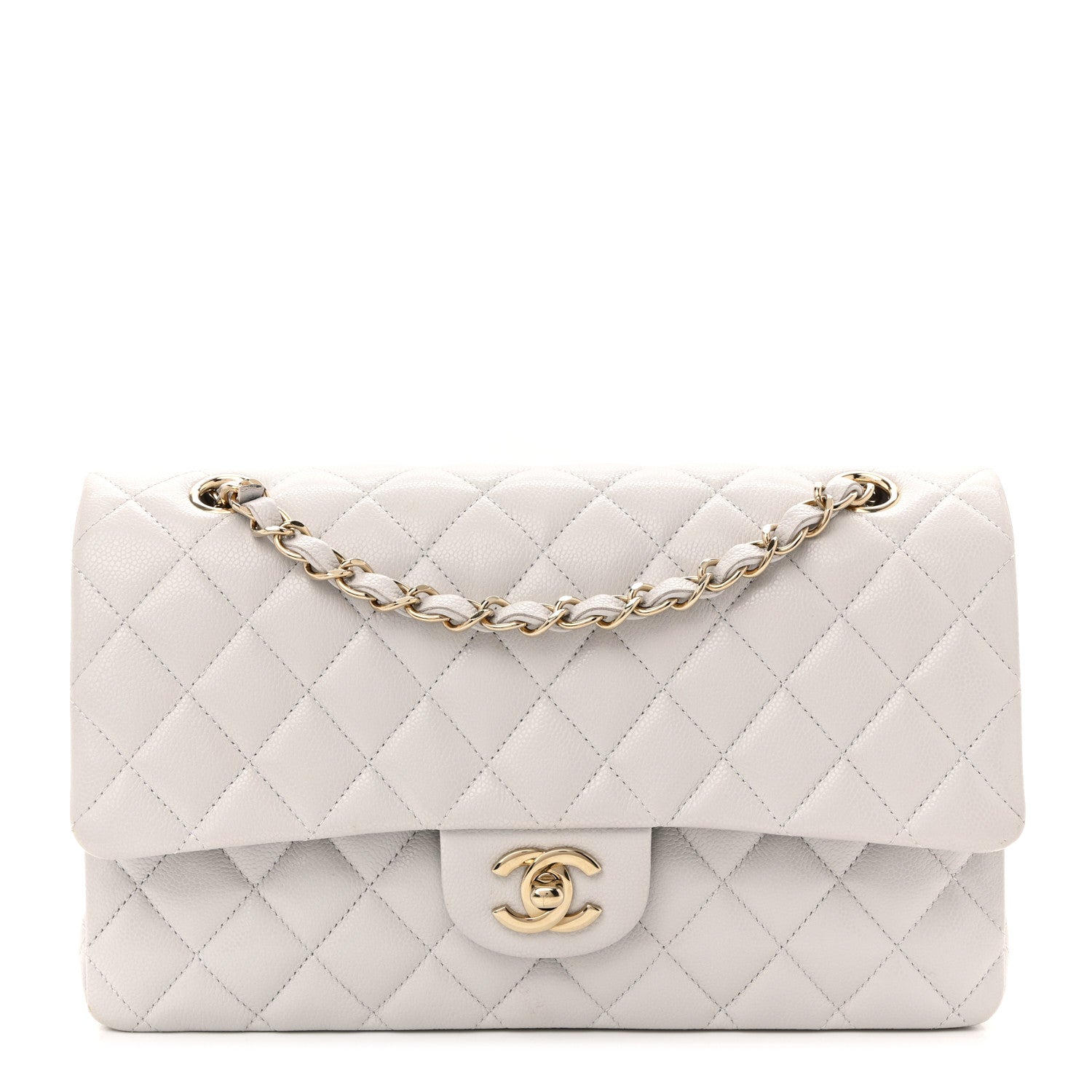 Caviar Quilted Medium Double Flap Light Grey
