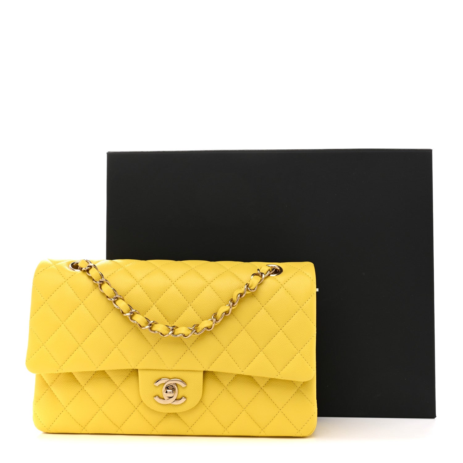Caviar Quilted Medium Double Flap Yellow