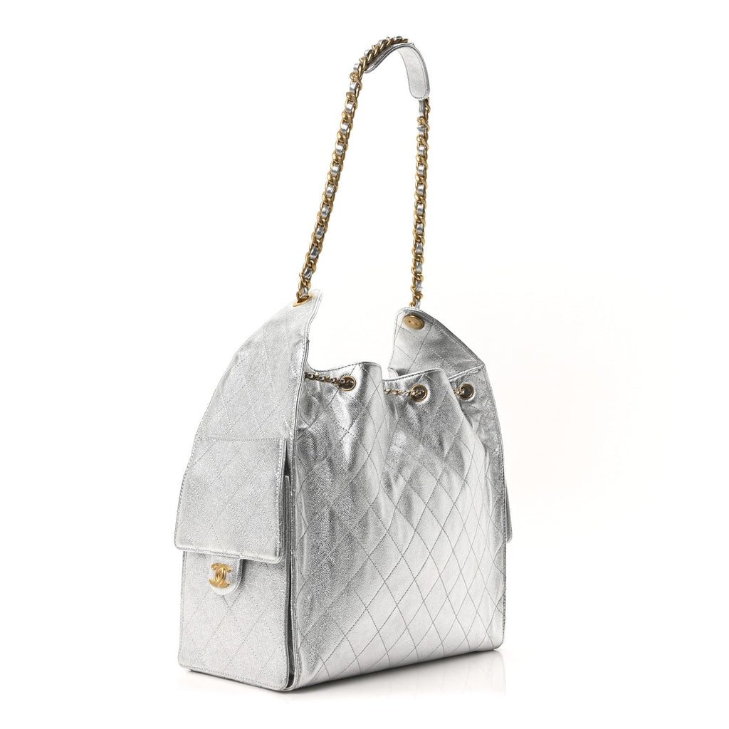 Metallic Caviar Quilted Medium Chanel 25 Handbag Silver