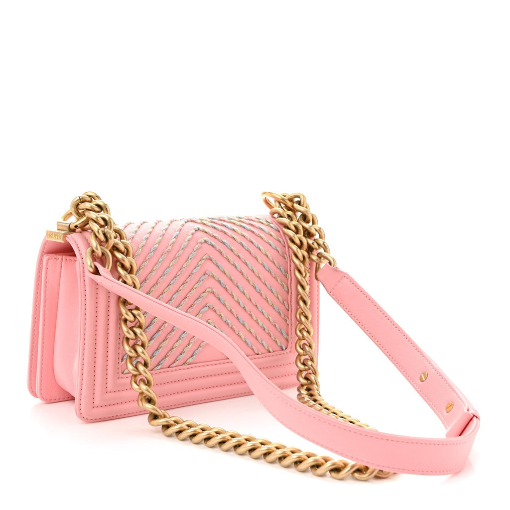 Calfskin Chevron Embroidered Small Boy By The Sea Flap Pink