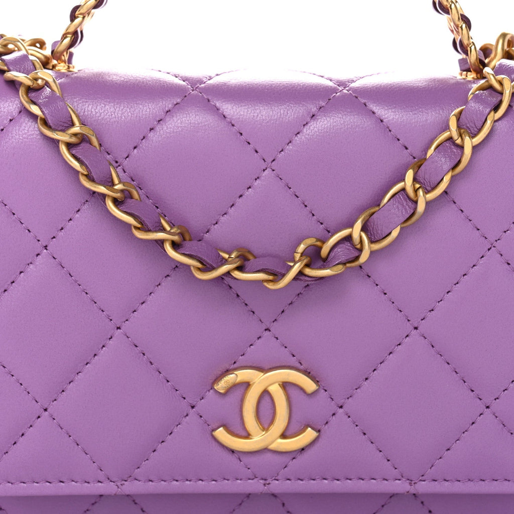 Lambskin Quilted Pick Me Up Wallet On Chain WOC Purple