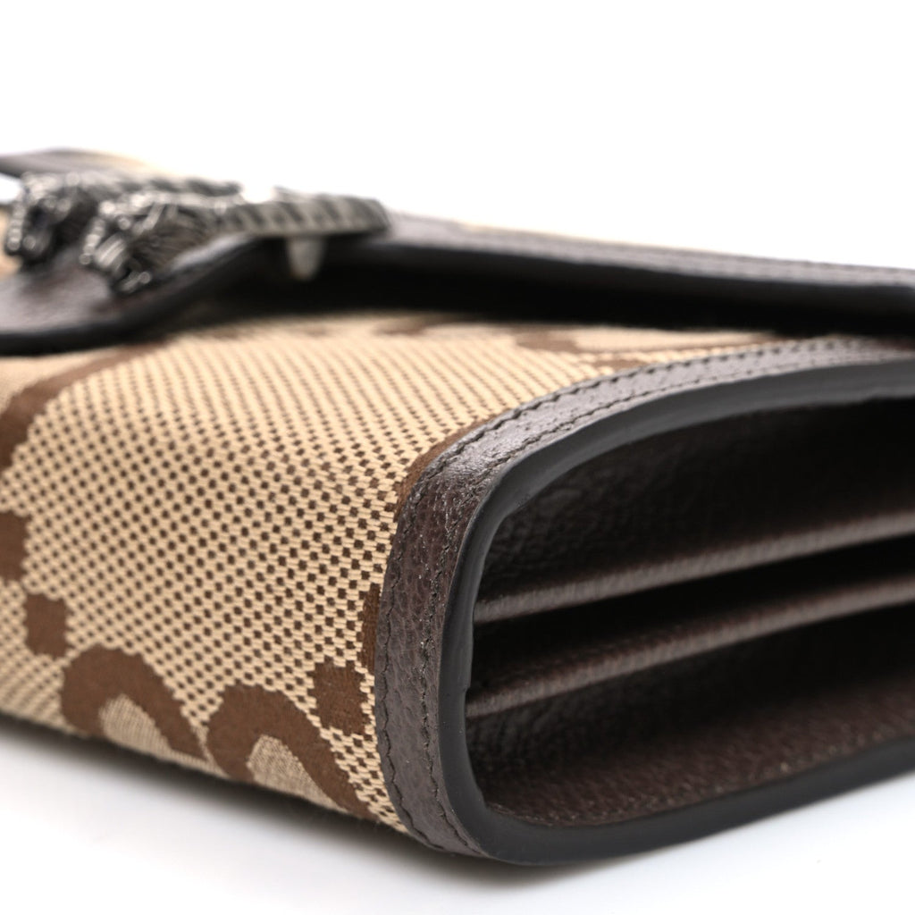 Monogram Jumbo GG Textured Dollar Calfskin Mini Dionysus Chain Wallet Camel Ebony New Acero