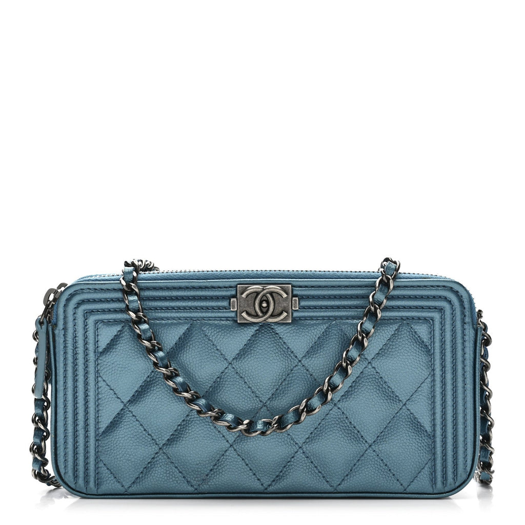 Metallic Caviar Quilted Small Boy Clutch With Chain Turquoise
