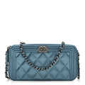 Metallic Caviar Quilted Small Boy Clutch With Chain Turquoise