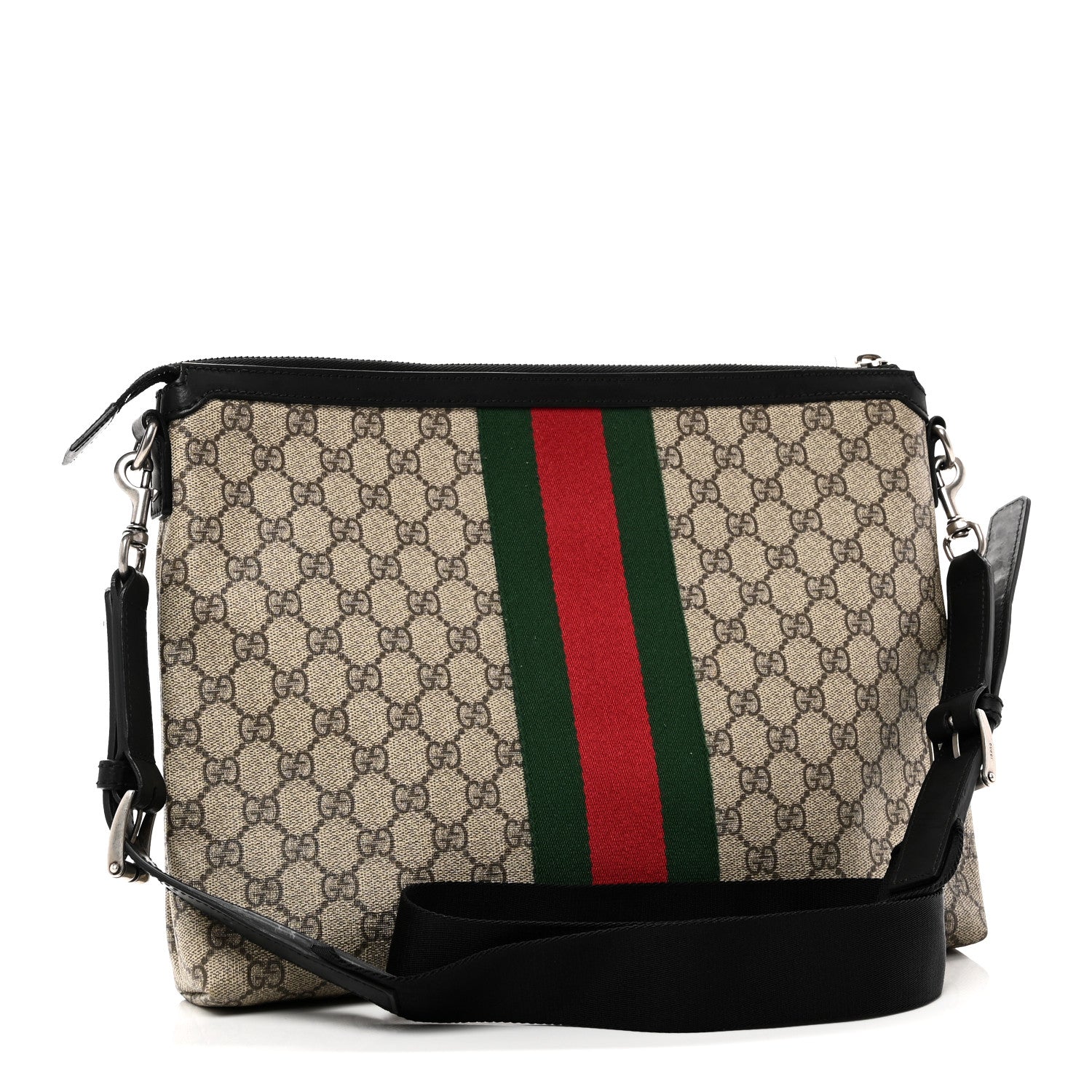GG Supreme Monogram Calfskin Web Medium Flat Messenger Bag Beige Ebony Black