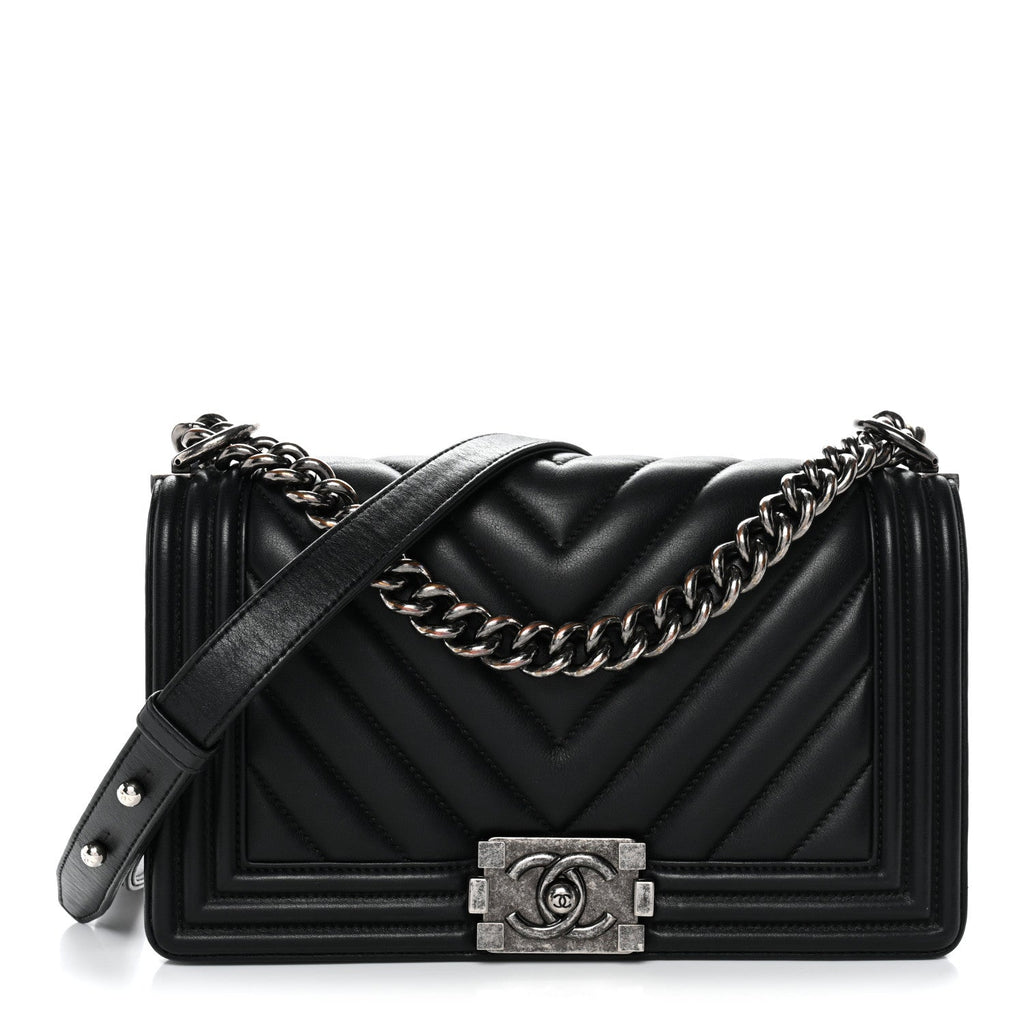 Lambskin Chevron Quilted Medium Boy Flap Black