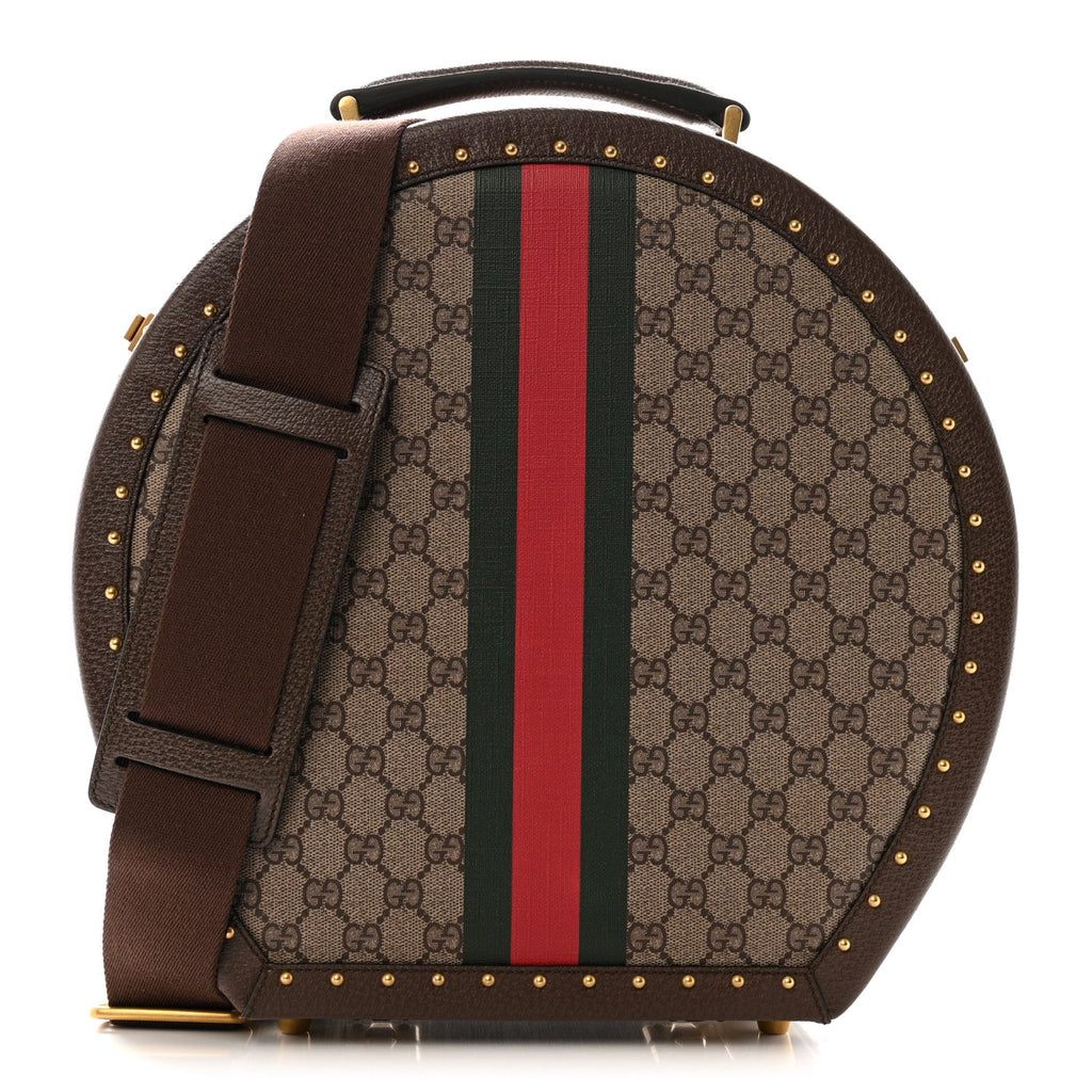 GG Supreme Monogram Textured Dollar Calfskin Web Savoy Hat Box Beige Ebony New Acero