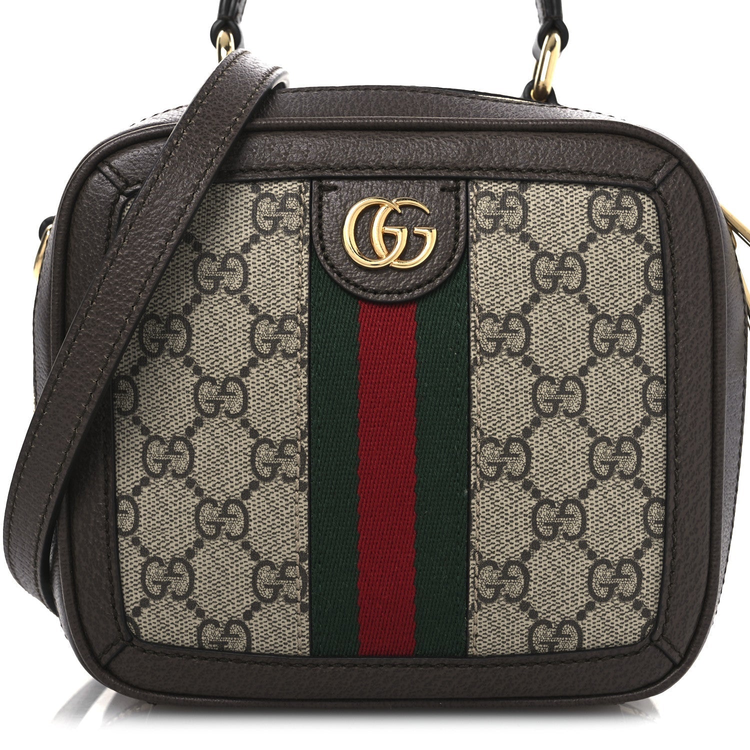 GG Supreme Monogram Textured Dollar Calfskin Mini Ophidia Top Handle Square Shoulder Bag Beige Ebony New Acero