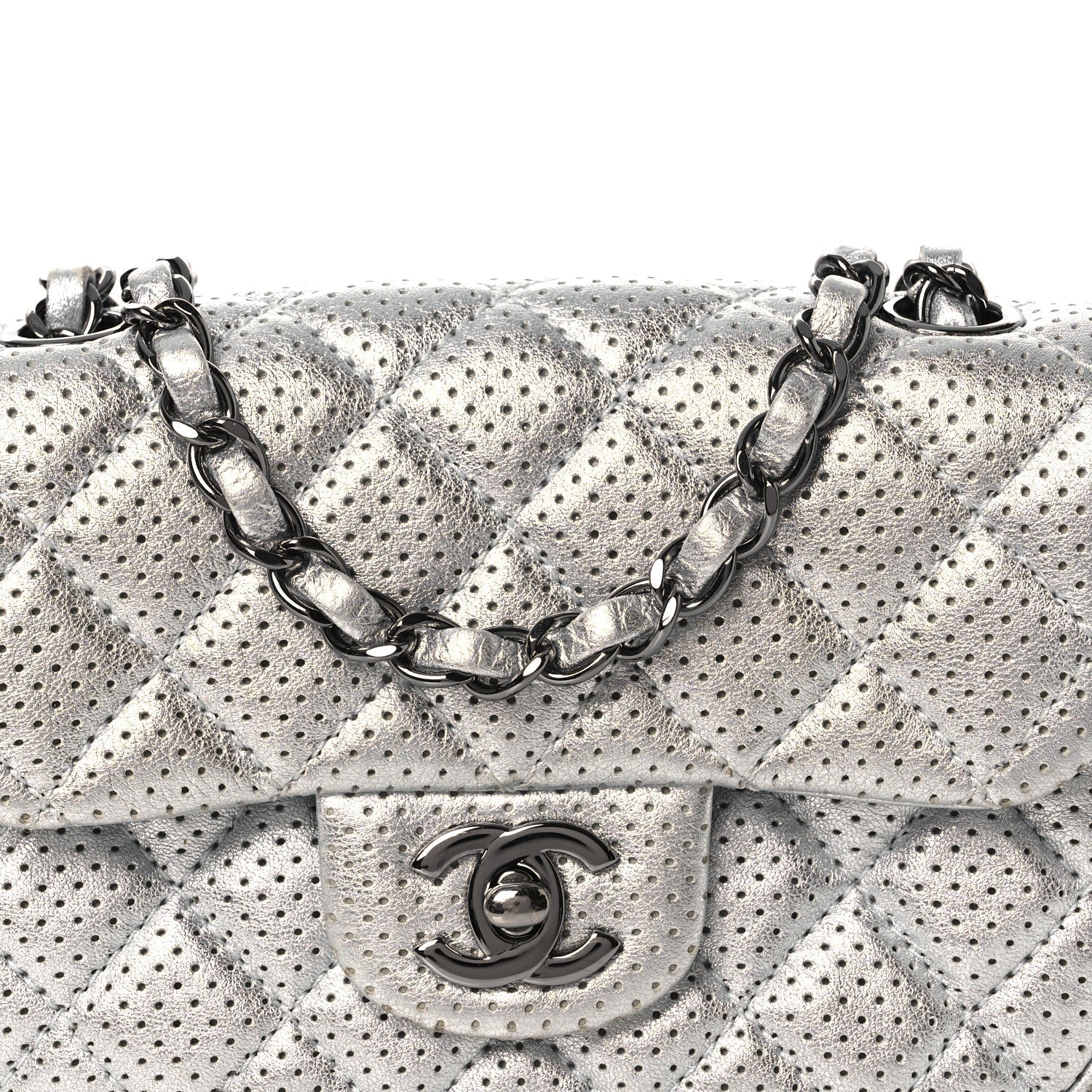 Metallic Lambskin Perforated Mini Rectangular Flap Silver