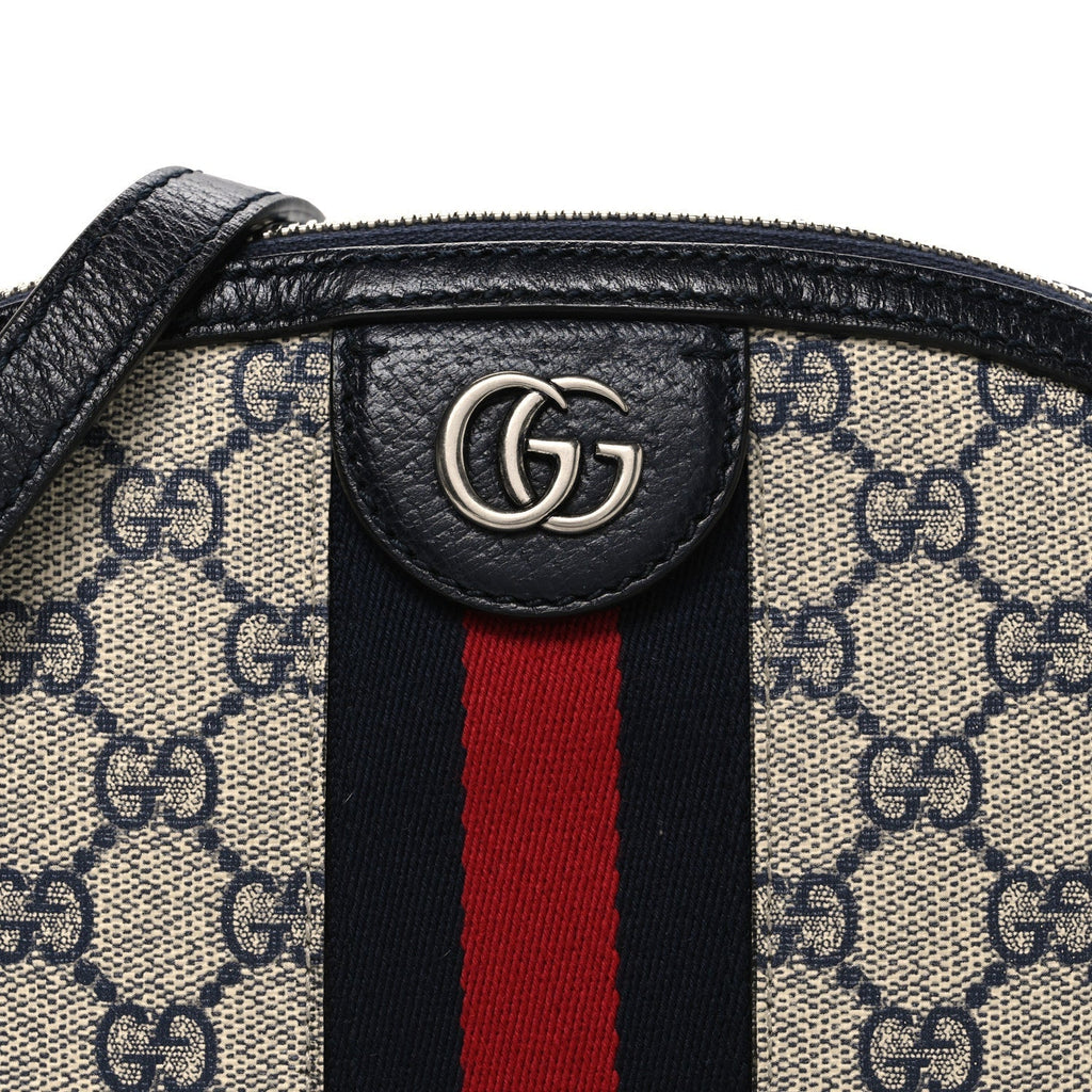 GG Supreme Monogram Textured Dollar Calfskin Web Small Ophidia Dome Shoulder Bag Beige Blue