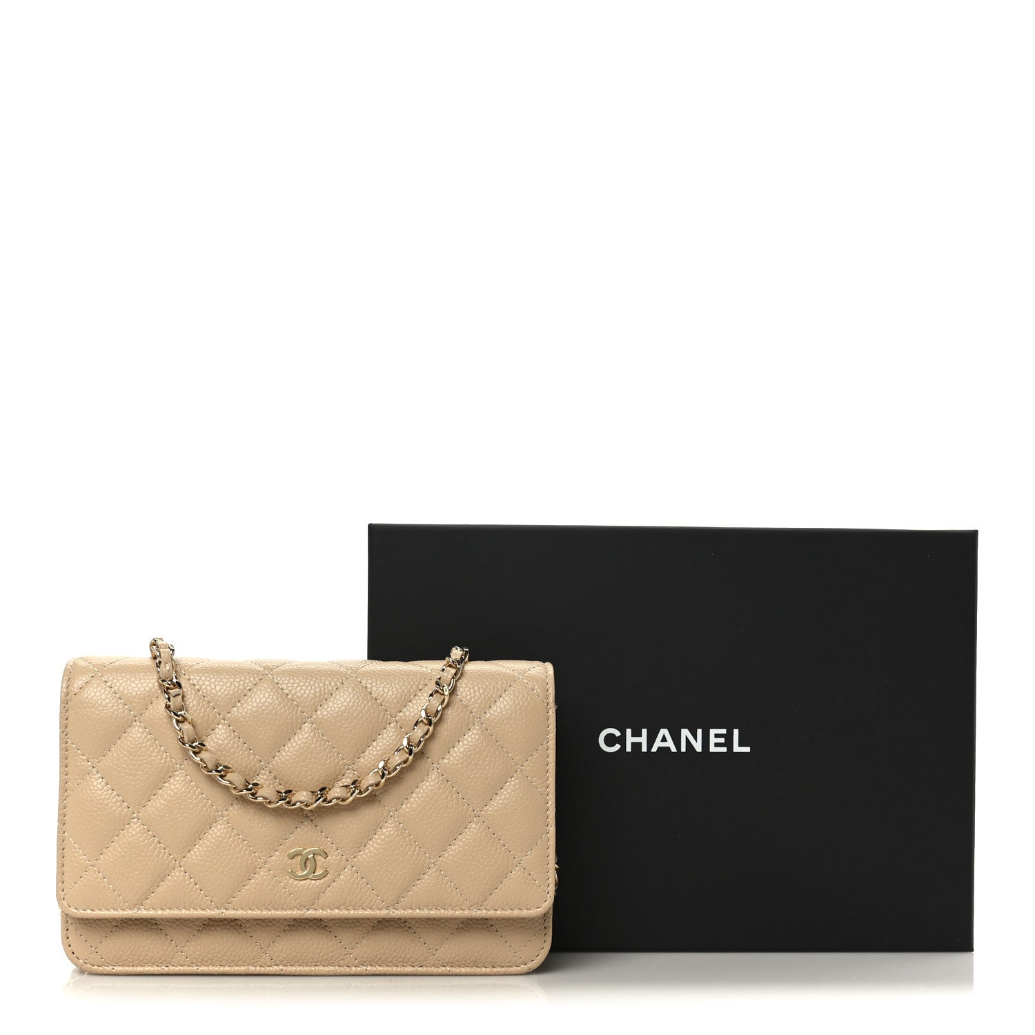 Caviar Quilted Wallet on Chain WOC Beige