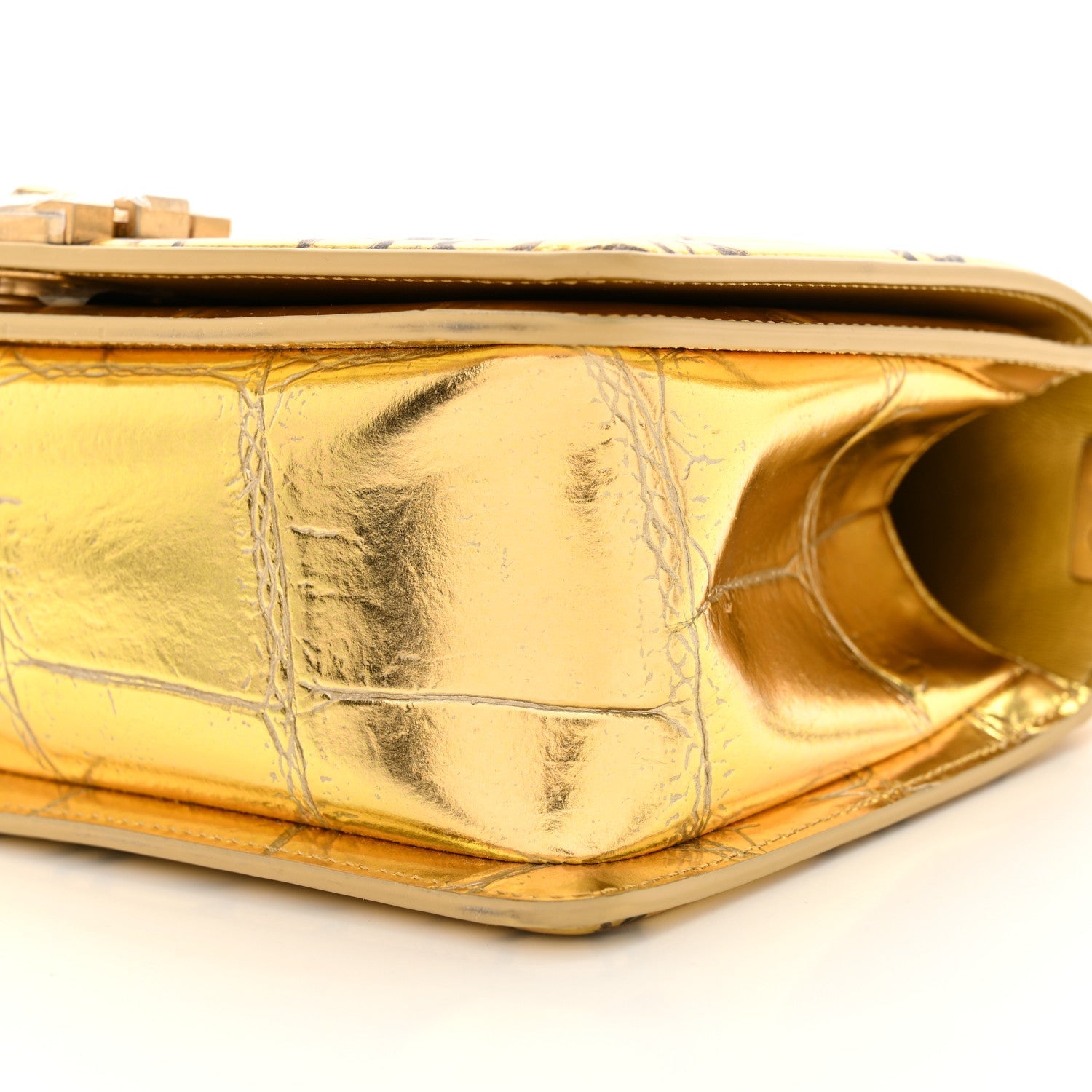 Metallic Calfskin Crocodile Embossed Graffiti Medium Cocodile Boy Flap Gold