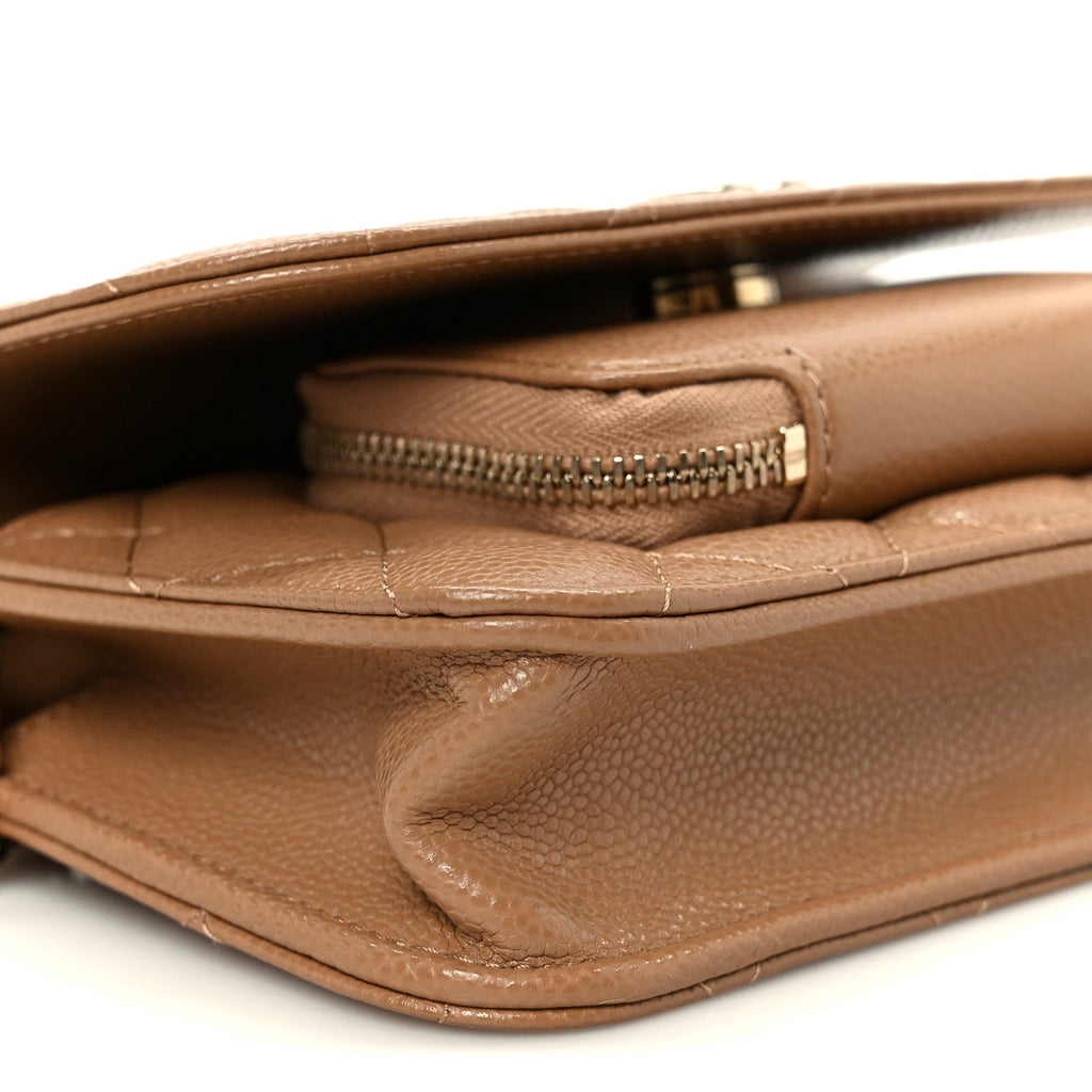 Caviar Quilted Business Affinity Clutch With Chain Flap Camel