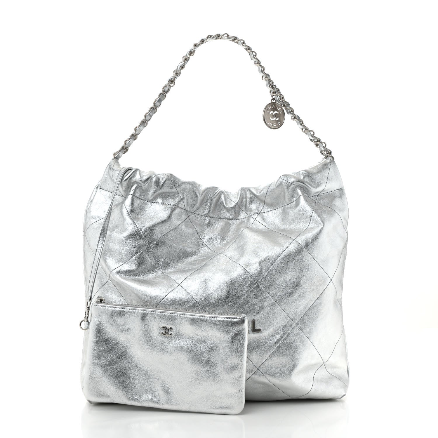 Metallic Calfskin Quilted Chanel 22 Silver