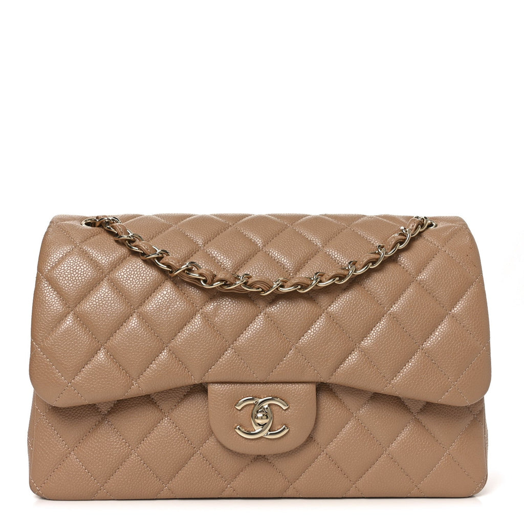 Caviar Quilted Jumbo Double Flap Beige