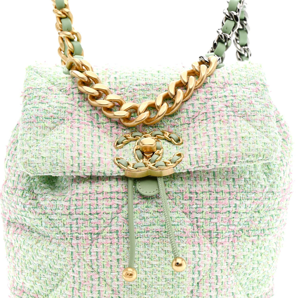 Tweed Quilted Chanel 19 Backpack Green Pink