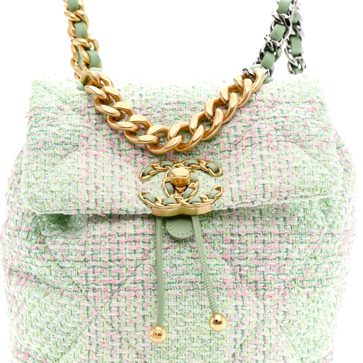 Tweed Quilted Chanel 19 Backpack Green Pink