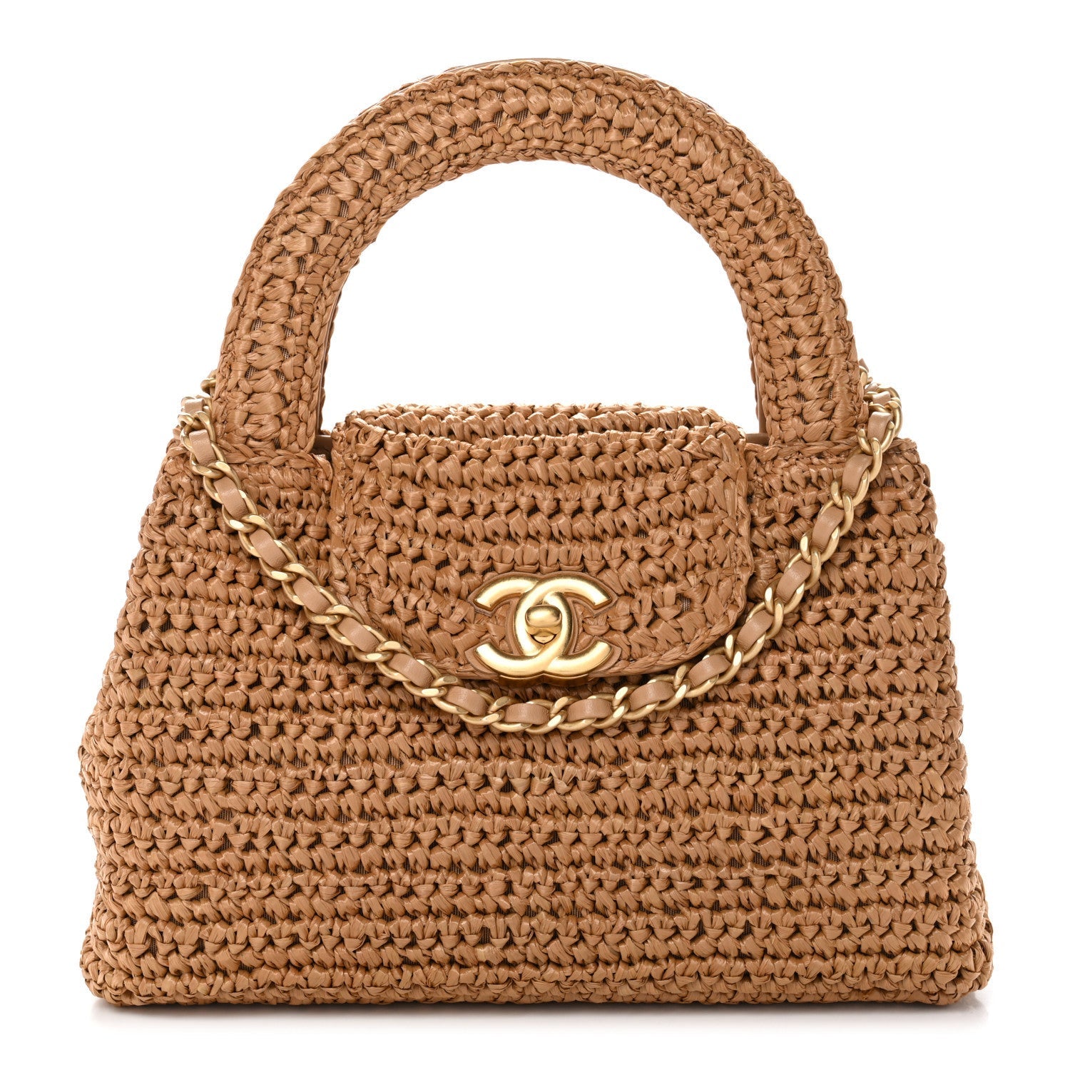Braided Raffia Nano Kelly Flap Bag Dark Beige