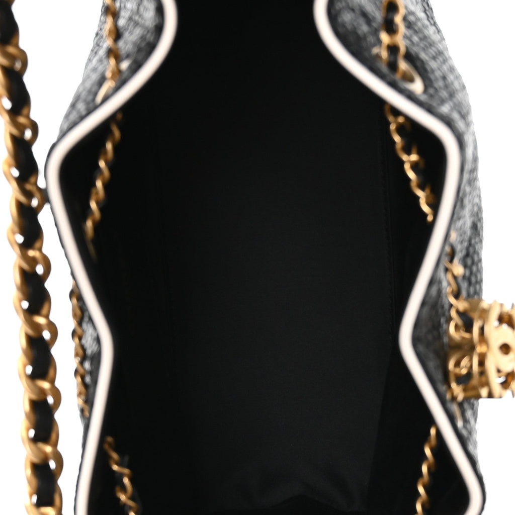 Braided Raffia Calfskin Small Chanel 25 Handbag Black White