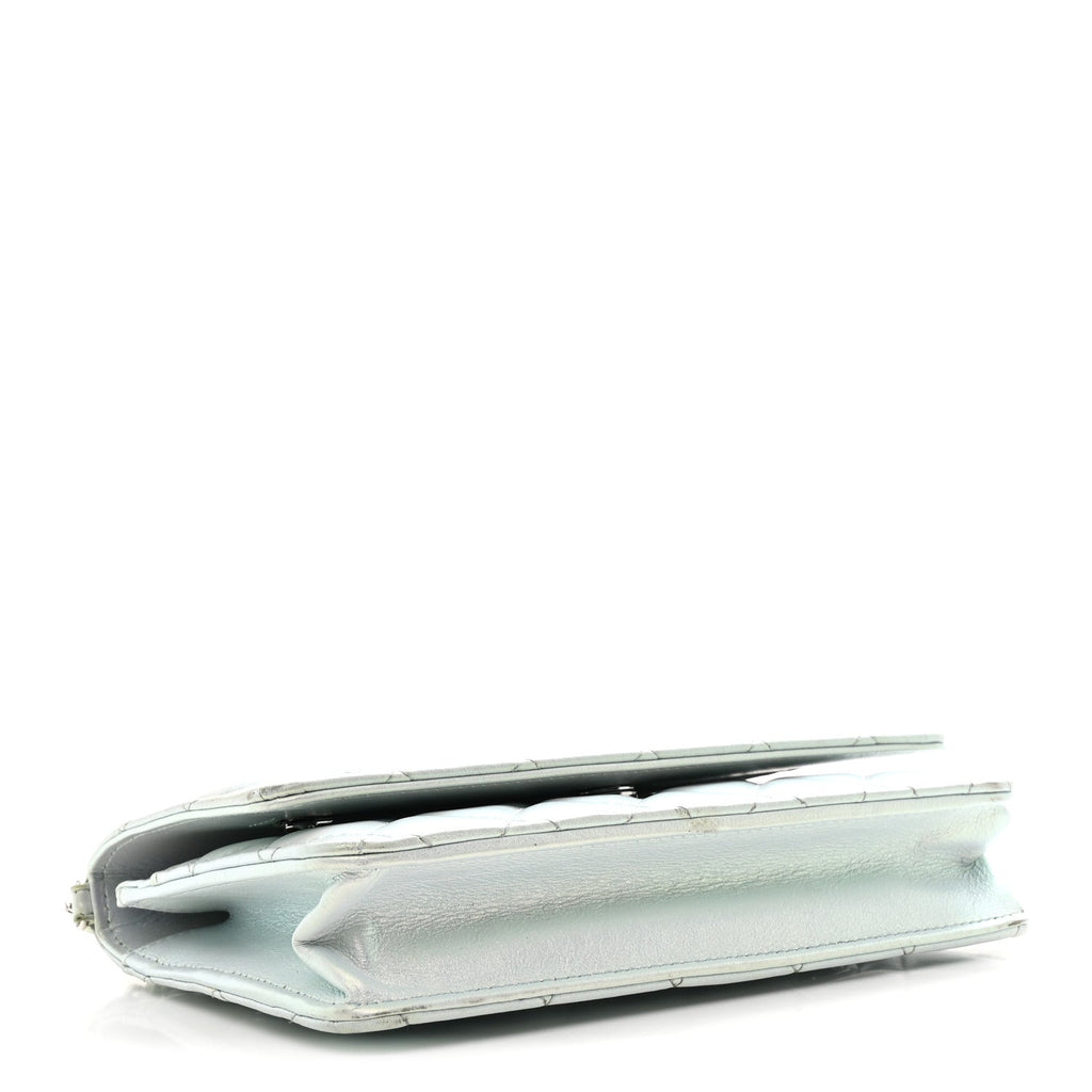 Iridescent Calfskin Quilted Wallet On Chain WOC Light Blue