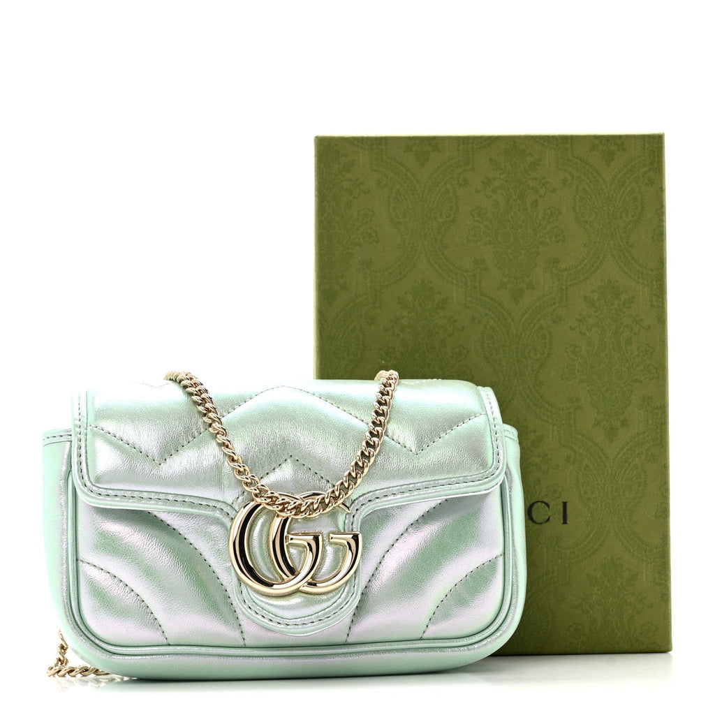 Iridescent Nappa Chevron Matelasse Super Mini GG Marmont Shoulder Bag Green Iridescent
