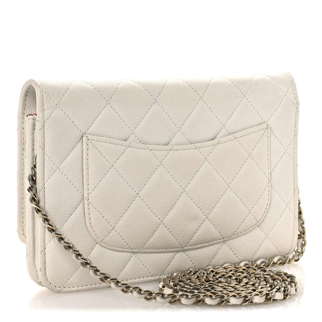 Caviar Quilted Perforated Metal CC Wallet On Chain WOC White