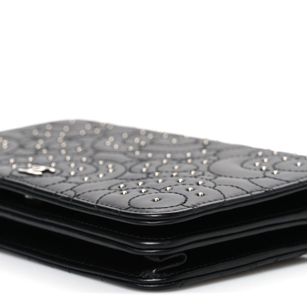 Lambskin Camellia Studded Wallet on Chain WOC Black