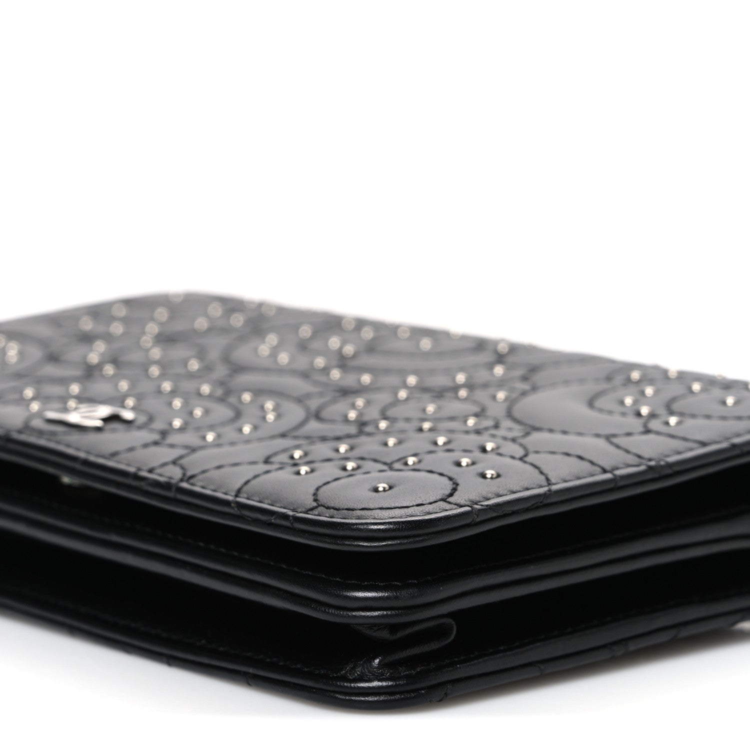 Lambskin Camellia Studded Wallet on Chain WOC Black