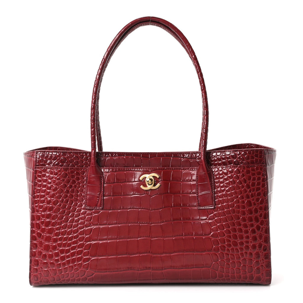 Calfskin Crocodile Embossed Archetype Small Shopper Tote Burgundy