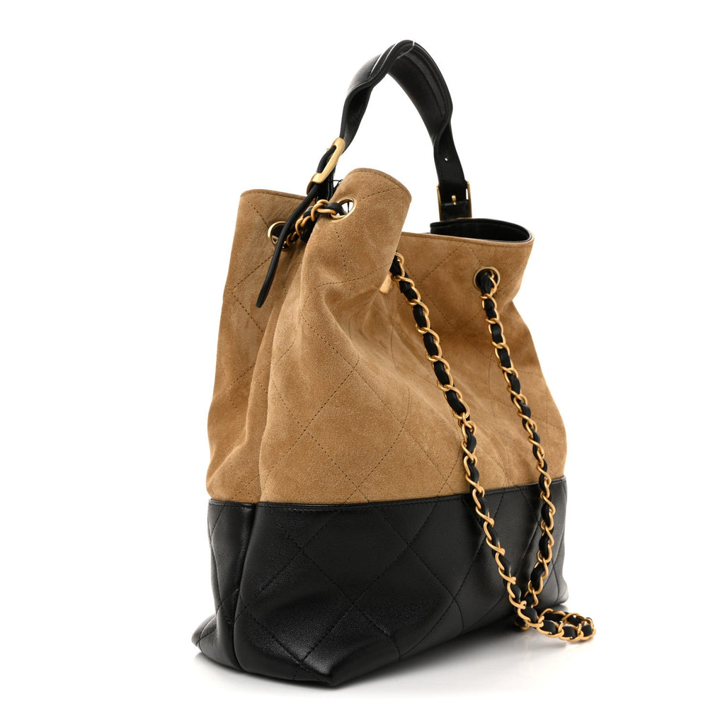 Suede Calfskin Shiny Lambskin Quilted Coco Base Shopping Bag Beige Black