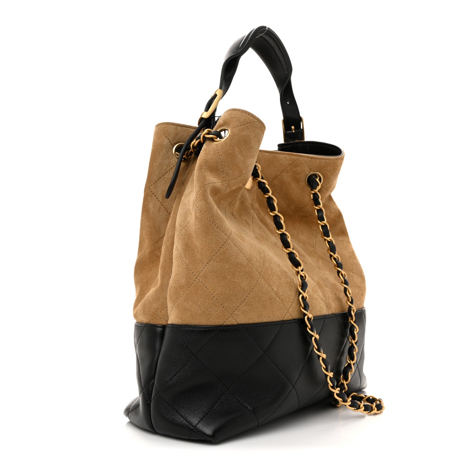 Suede Calfskin Shiny Lambskin Quilted Coco Base Shopping Bag Beige Black