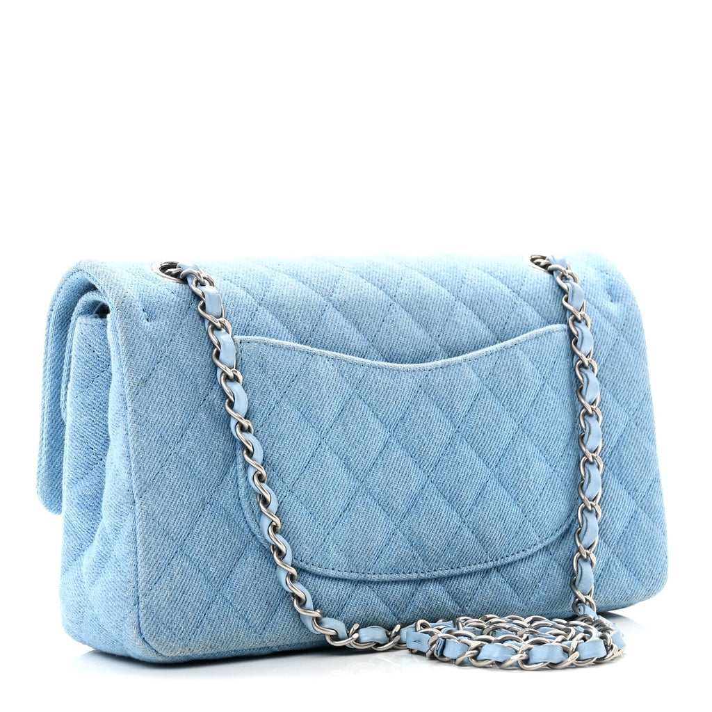 Denim Quilted Medium Double Flap Light Blue