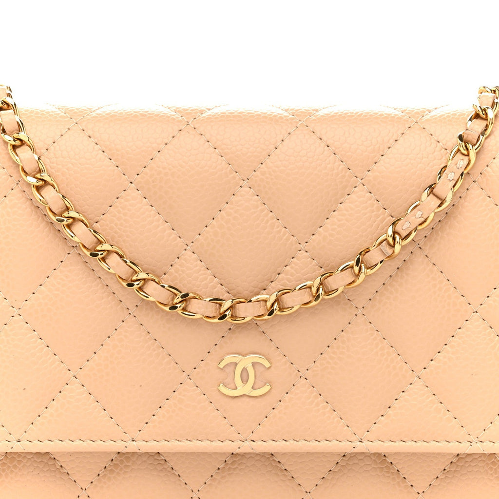 Caviar Quilted Wallet on Chain WOC Beige