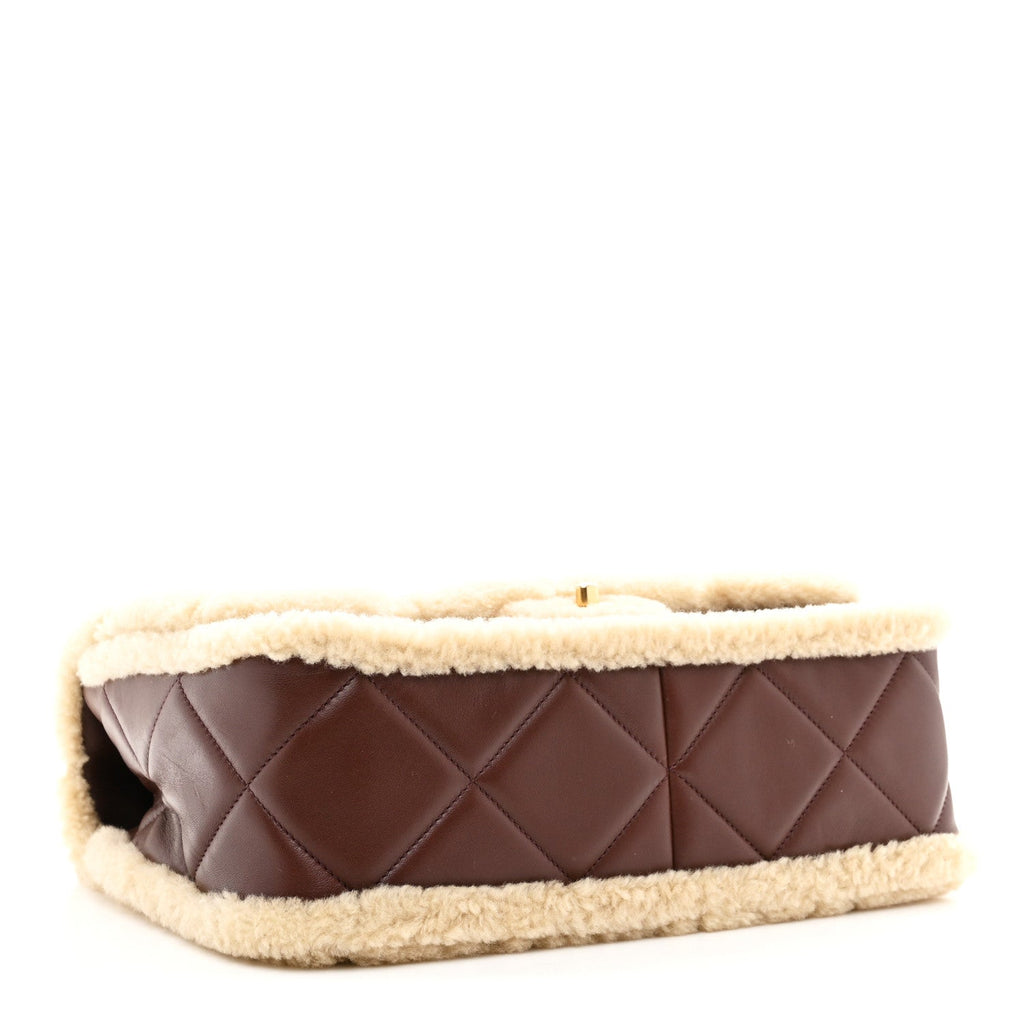 Shearling Lambskin Quilted Large Furry Coco Flap Dark Brown Beige