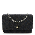 Denim Quilted CC Turnlock Wallet On Chain WOC Dark Blue Orange