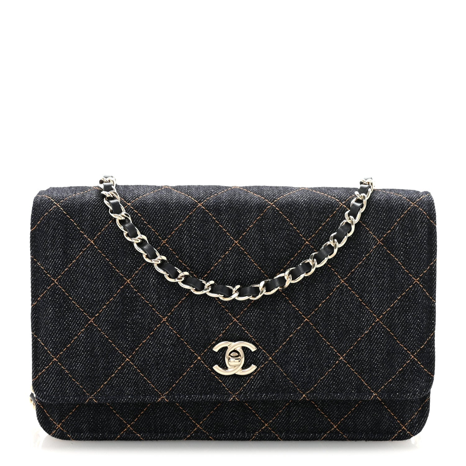 Denim Quilted CC Turnlock Wallet On Chain WOC Dark Blue Orange