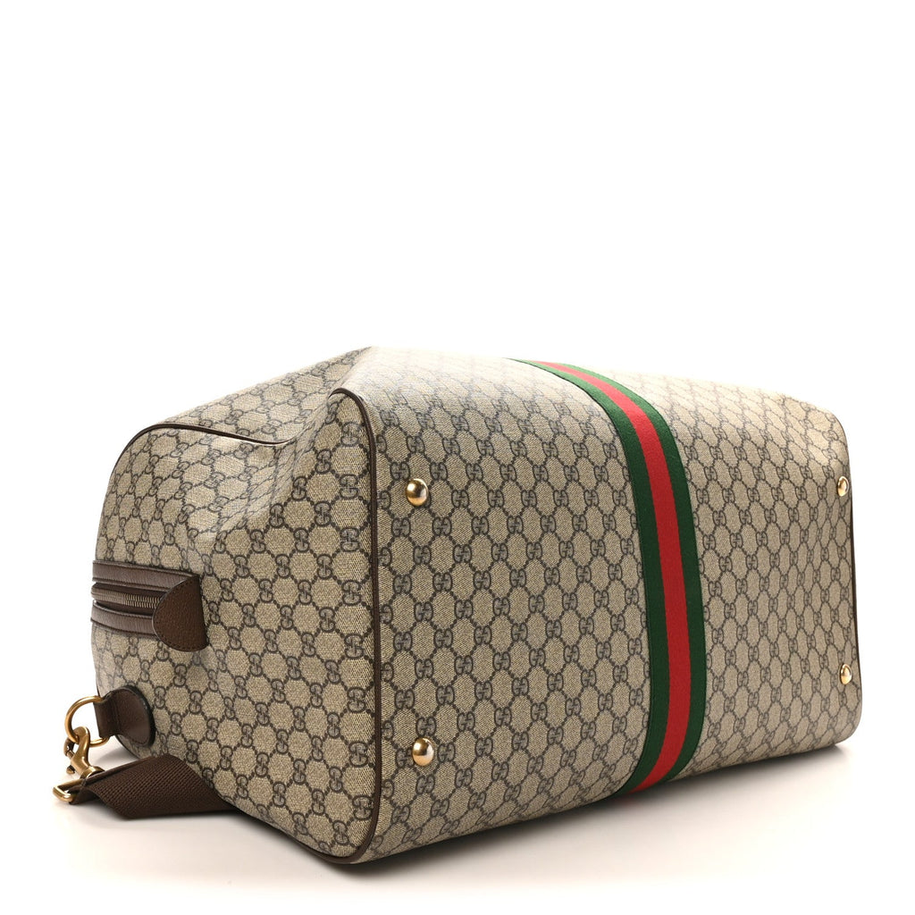 GG Supreme Monogram Textured Dollar Calfskin Web Medium Ophidia Carry-On Duffle Bag Beige Ebony New Acero