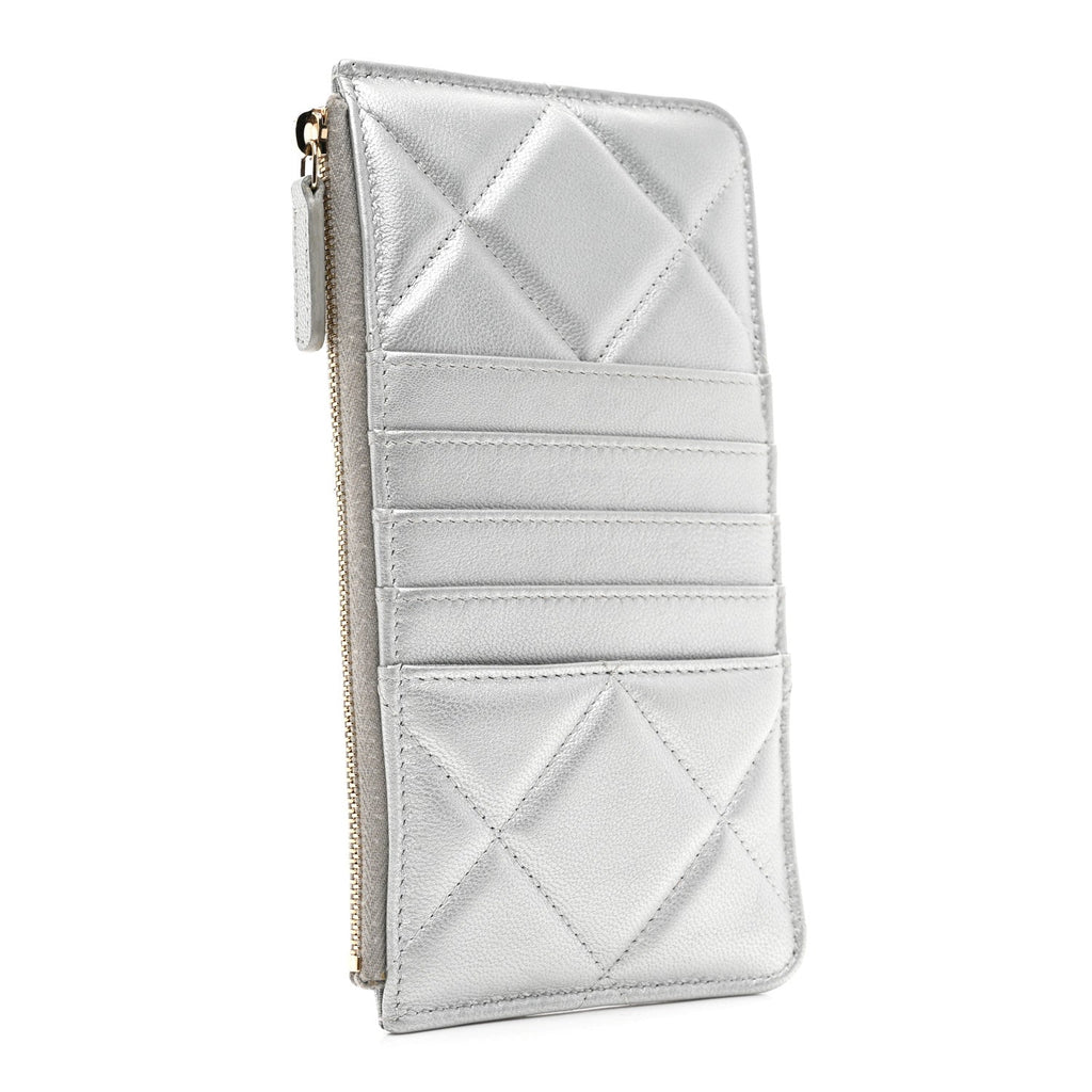 Lambskin Quilted Chanel 19 Phone and Card Holder Silver