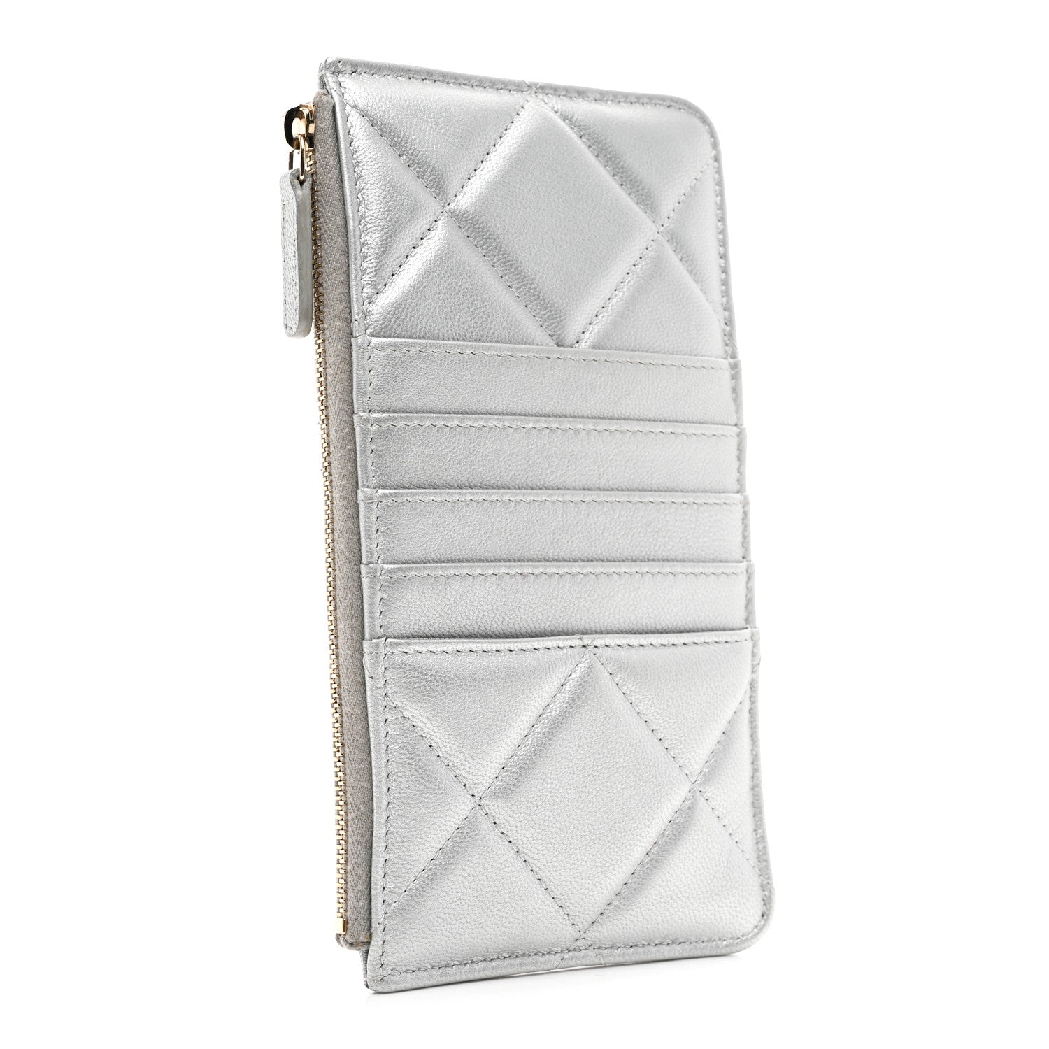 Lambskin Quilted Chanel 19 Phone and Card Holder Silver