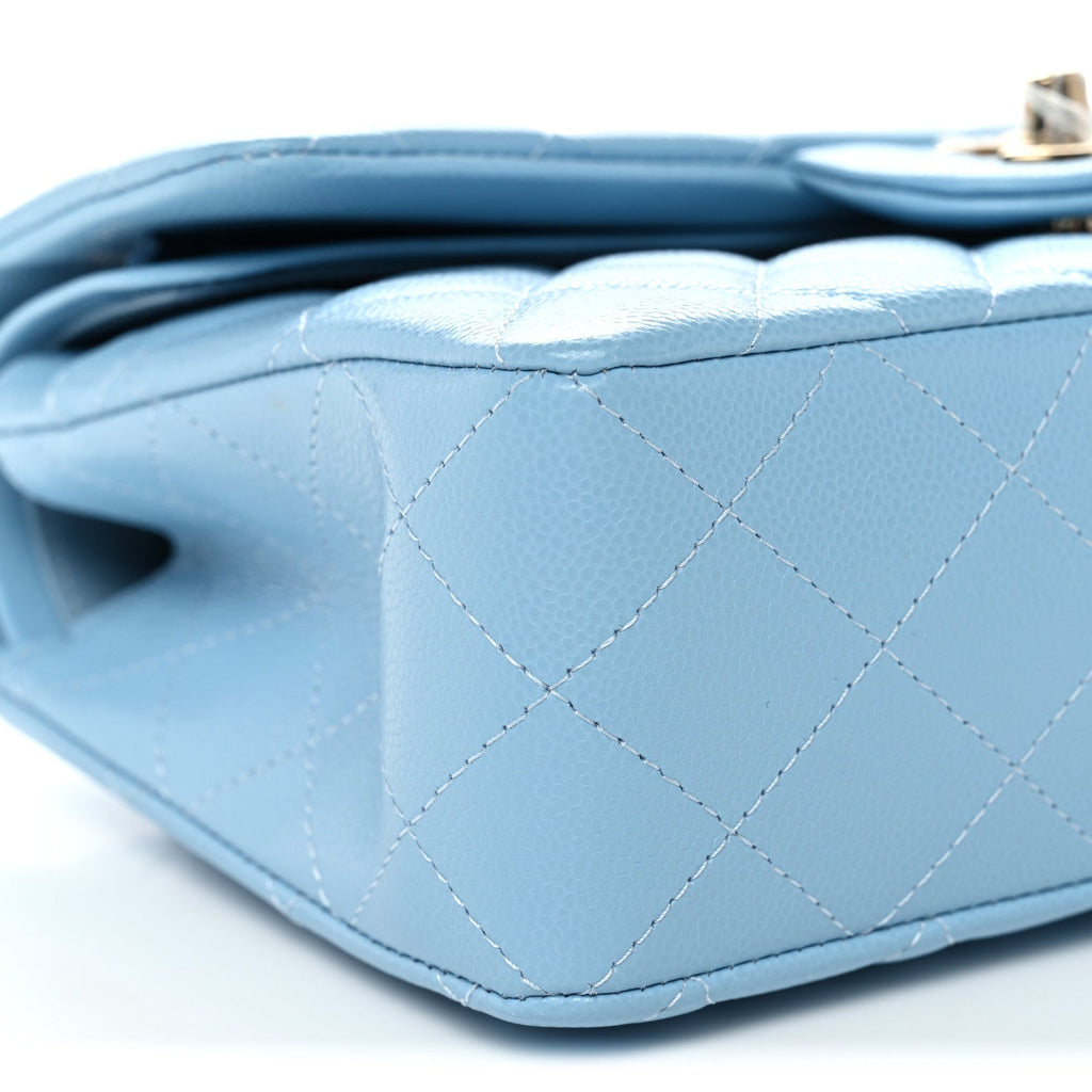Caviar Quilted Small Double Flap Light Blue