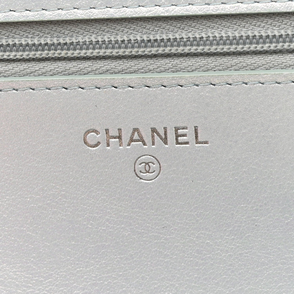 Iridescent Calfskin Quilted Wallet On Chain WOC Light Blue