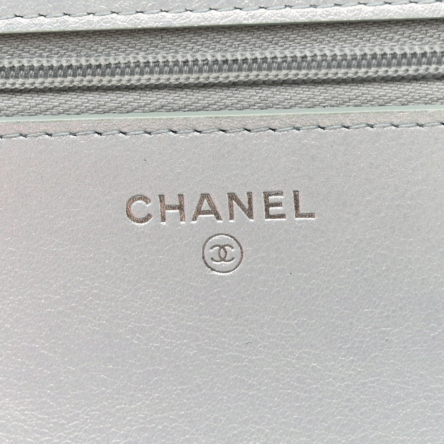 Iridescent Calfskin Quilted Wallet On Chain WOC Light Blue