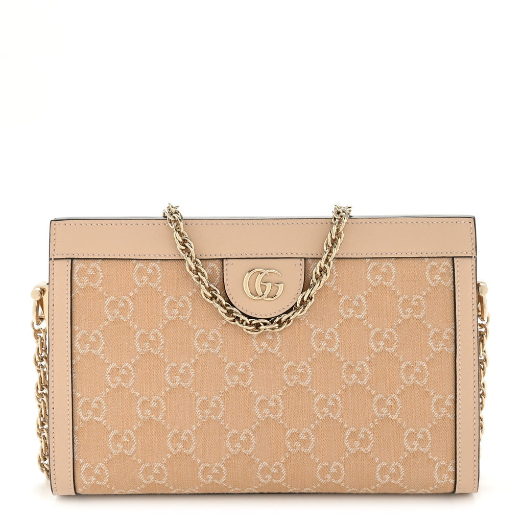 Denim Calfskin GG Monogram Small Ophidia Chain Shoulder Bag Light Beige