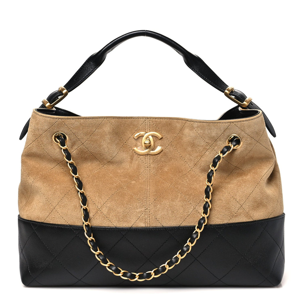 Suede Calfskin Shiny Lambskin Quilted Small Coco Base Shopping Bag Beige Black